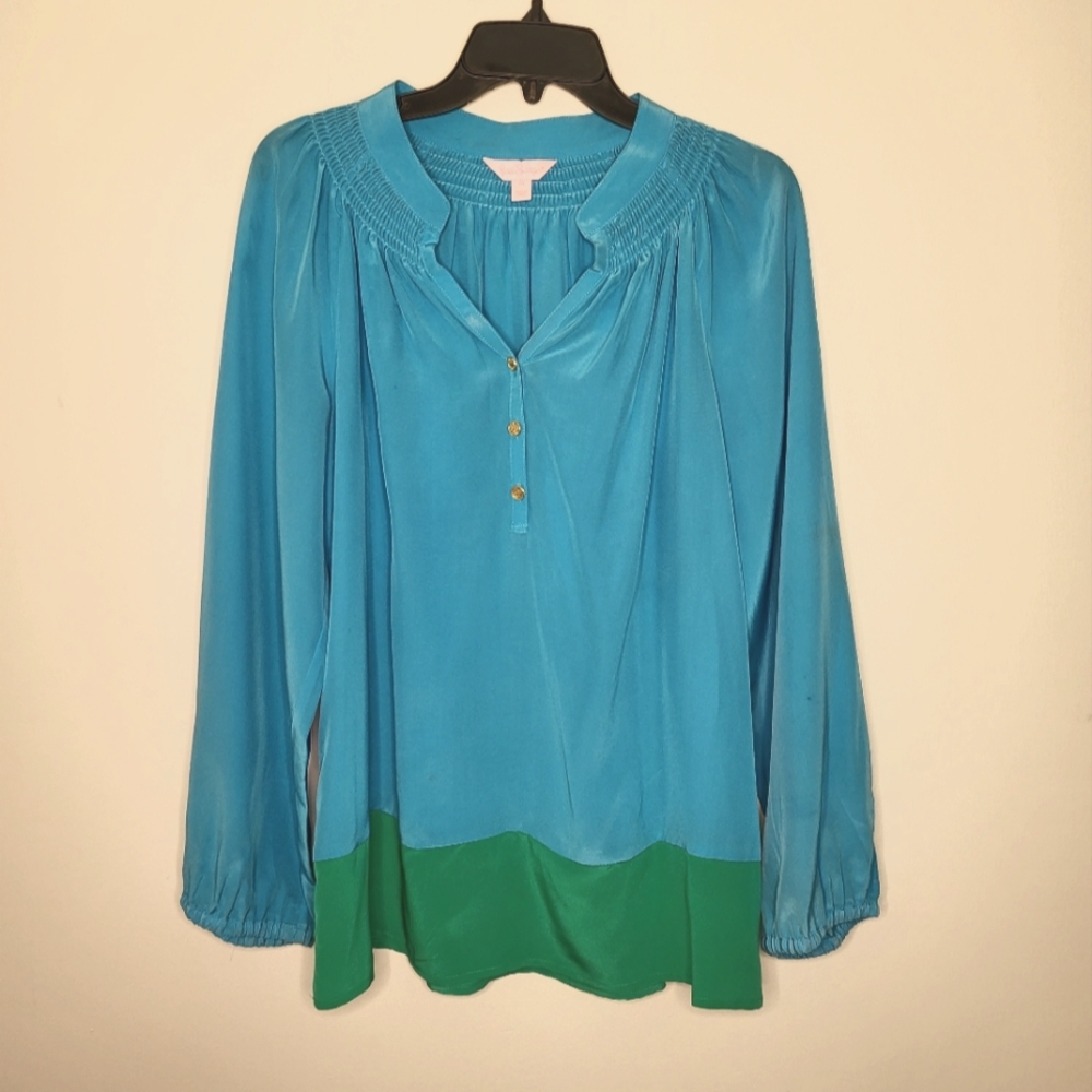LILLY PULITZER Blue and Green Colorblocked 100% Silk Elsa Top Blouse M